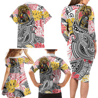 Japanese Samurai Warrior Family Matching Long Sleeve Bodycon Dress and Hawaiian Shirt Colorful Polynesian Tattoo Style
