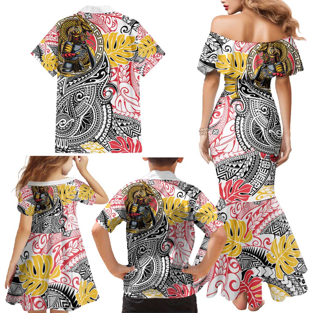 Japanese Samurai Warrior Family Matching Mermaid Dress and Hawaiian Shirt Colorful Polynesian Tattoo Style