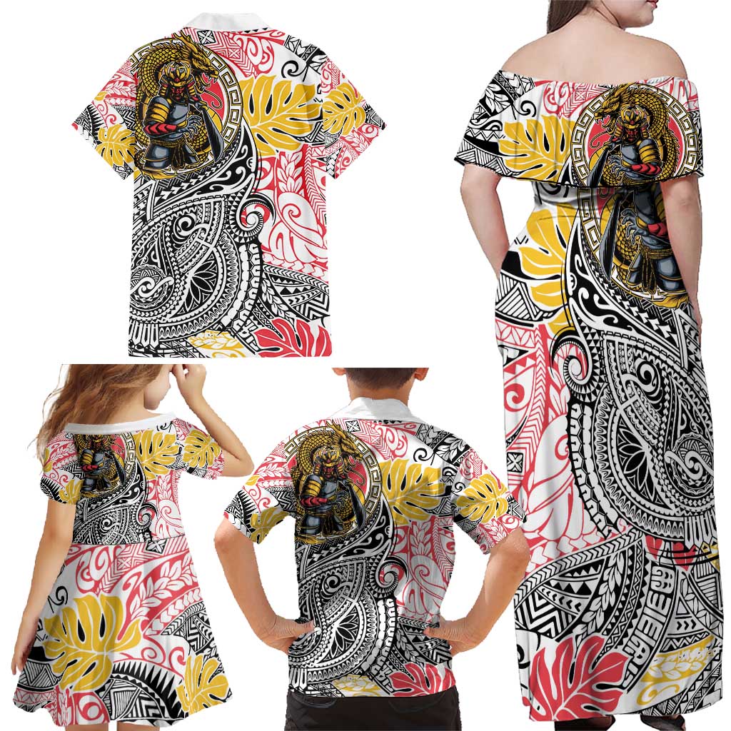 Japanese Samurai Warrior Family Matching Off Shoulder Maxi Dress and Hawaiian Shirt Colorful Polynesian Tattoo Style