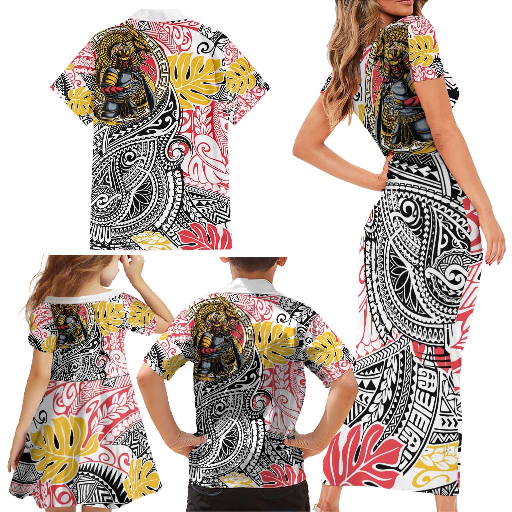 Japanese Samurai Warrior Family Matching Short Sleeve Bodycon Dress and Hawaiian Shirt Colorful Polynesian Tattoo Style