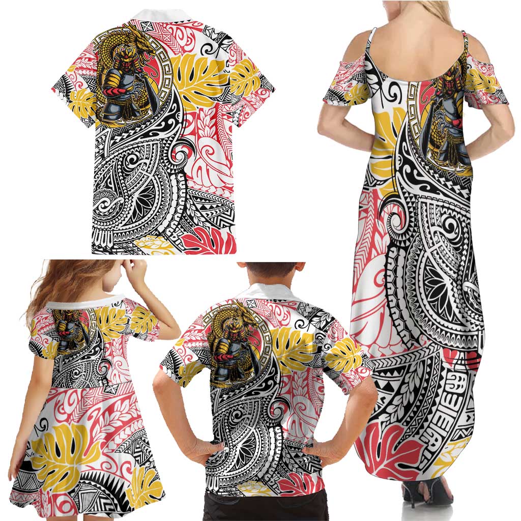 Japanese Samurai Warrior Family Matching Summer Maxi Dress and Hawaiian Shirt Colorful Polynesian Tattoo Style