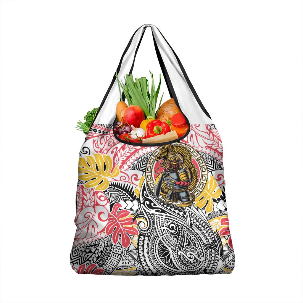 Japanese Samurai Warrior Grocery Bag Colorful Polynesian Tattoo Style LT9 1-pack One Size White - Polynesian Pride