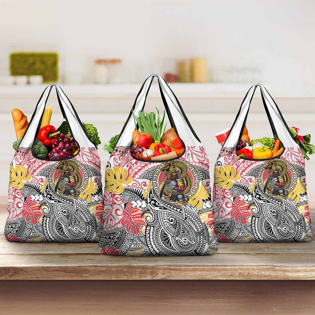 Japanese Samurai Warrior Grocery Bag Colorful Polynesian Tattoo Style LT9 3-pack One Size White - Polynesian Pride