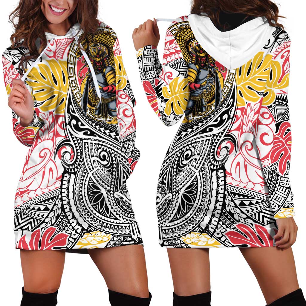 Japanese Samurai Warrior Hoodie Dress Colorful Polynesian Tattoo Style