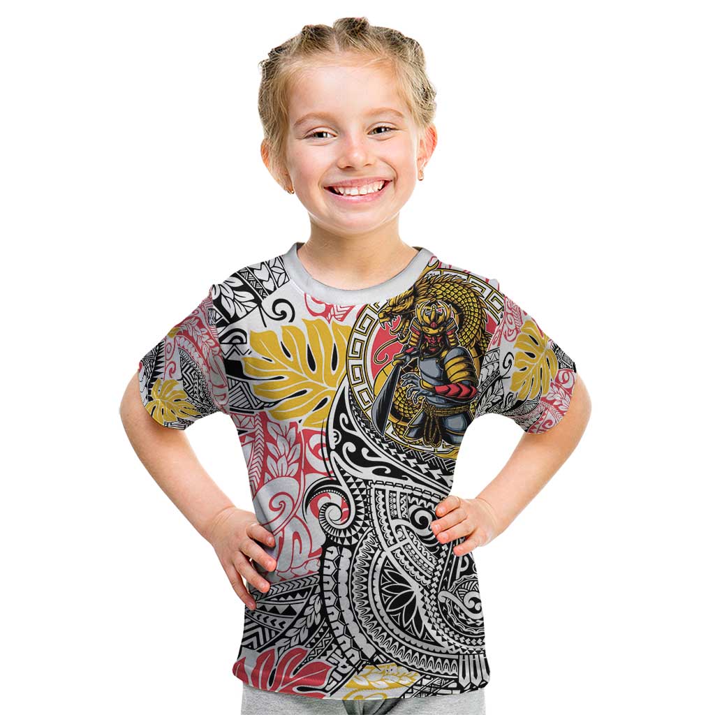 Japanese Samurai Warrior Kid T Shirt Colorful Polynesian Tattoo Style