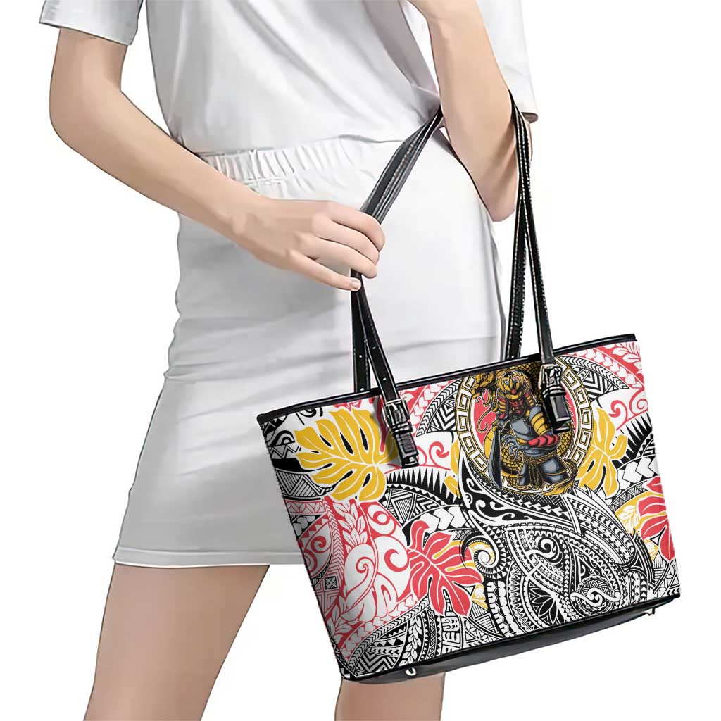 Japanese Samurai Warrior Leather Tote Bag Colorful Polynesian Tattoo Style