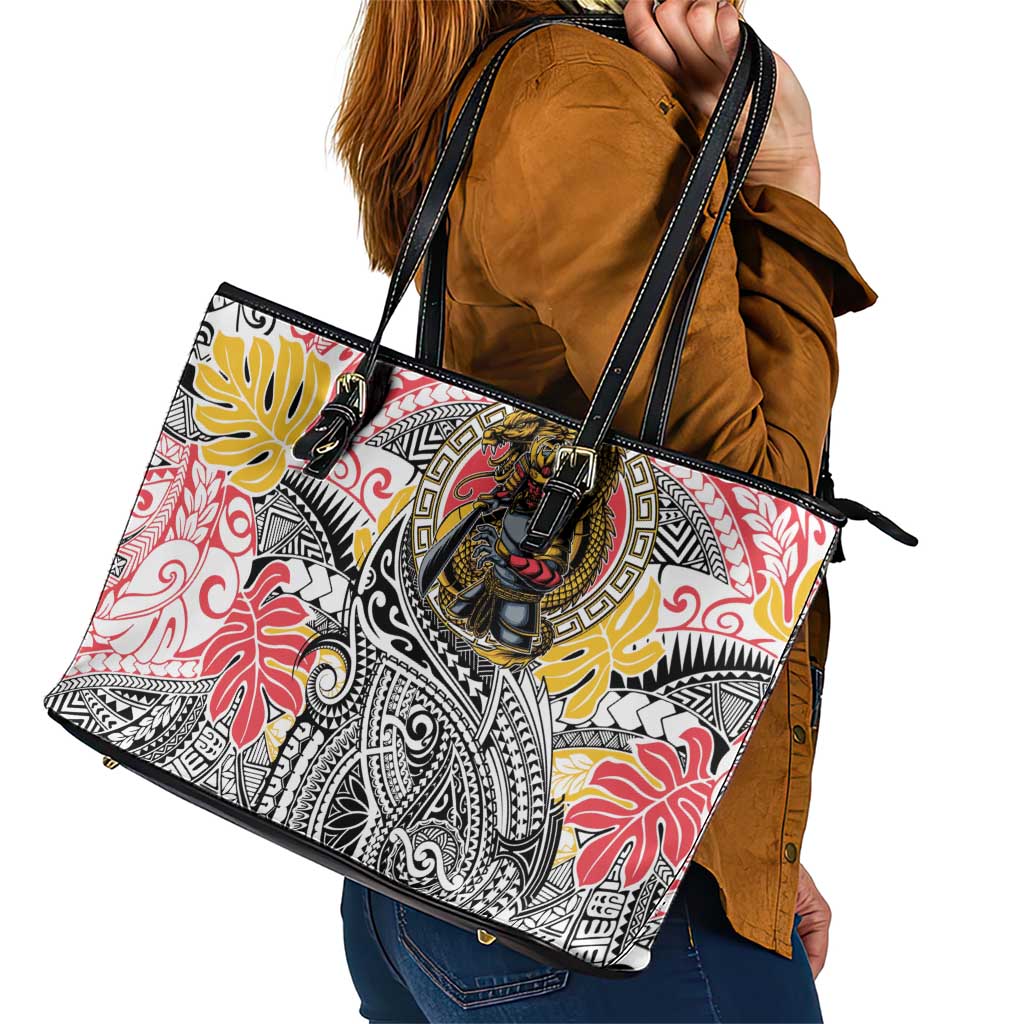 Japanese Samurai Warrior Leather Tote Bag Colorful Polynesian Tattoo Style
