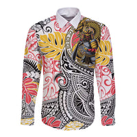 Japanese Samurai Warrior Long Sleeve Button Shirt Colorful Polynesian Tattoo Style LT9 Unisex White - Polynesian Pride