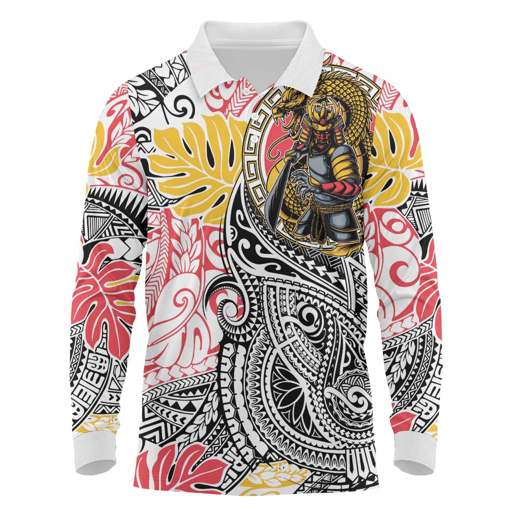 Japanese Samurai Warrior Long Sleeve Polo Shirt Colorful Polynesian Tattoo Style