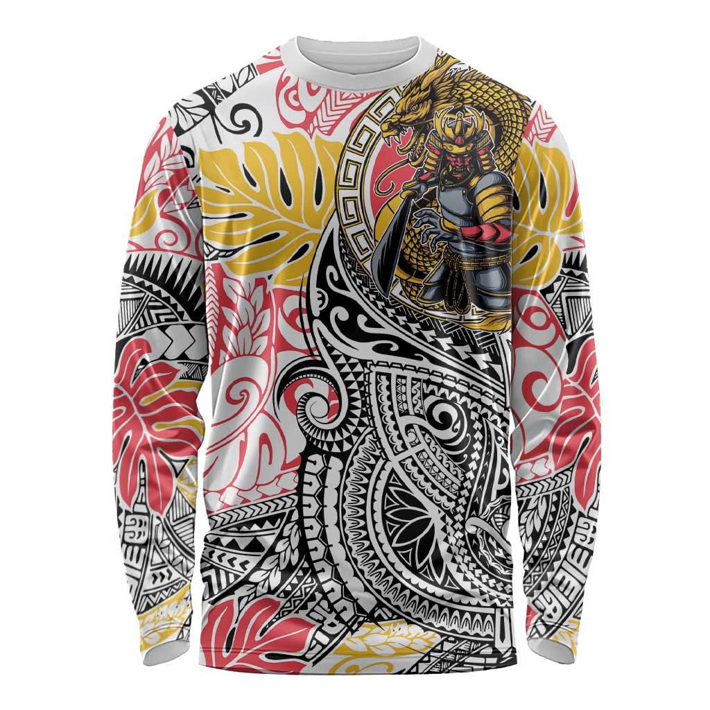 Japanese Samurai Warrior Long Sleeve Shirt Colorful Polynesian Tattoo Style LT9 Unisex White - Polynesian Pride