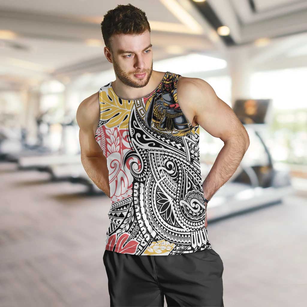 Japanese Samurai Warrior Men Tank Top Colorful Polynesian Tattoo Style LT9 White - Polynesian Pride