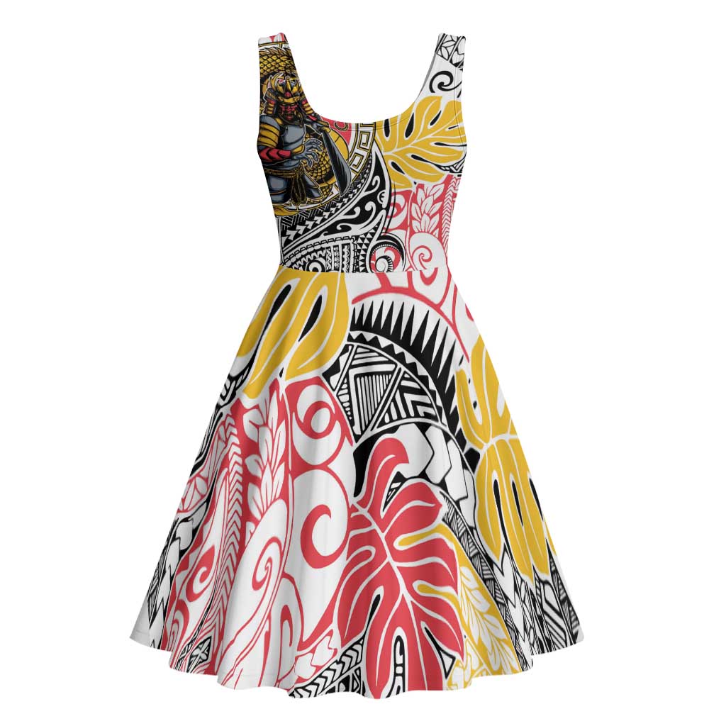 Japanese Samurai Warrior Midi Dress Colorful Polynesian Tattoo Style - Polynesian Pride