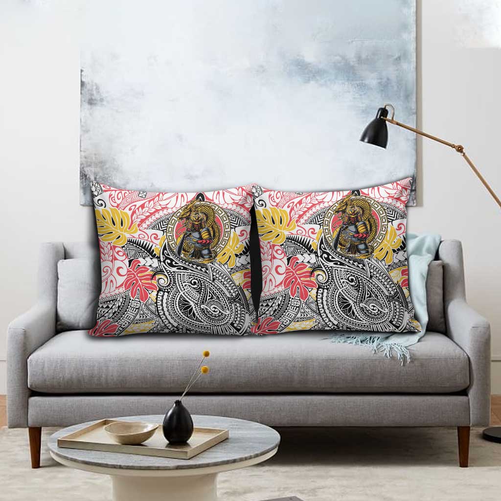 Japanese Samurai Warrior Pillow Cover Colorful Polynesian Tattoo Style - Polynesian Pride