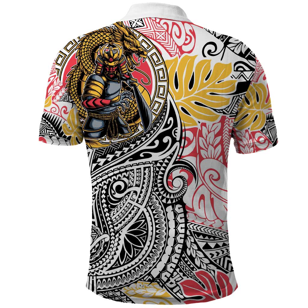 Japanese Samurai Warrior Polo Shirt Colorful Polynesian Tattoo Style