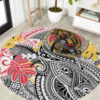Japanese Samurai Warrior Round Carpet Colorful Polynesian Tattoo Style