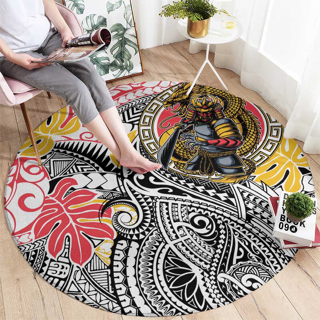 Japanese Samurai Warrior Round Carpet Colorful Polynesian Tattoo Style