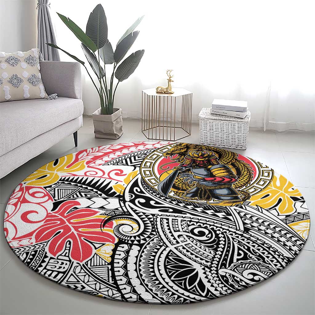 Japanese Samurai Warrior Round Carpet Colorful Polynesian Tattoo Style