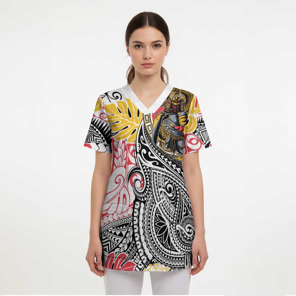 Japanese Samurai Warrior Scrub Top Colorful Polynesian Tattoo Style - Polynesian Pride