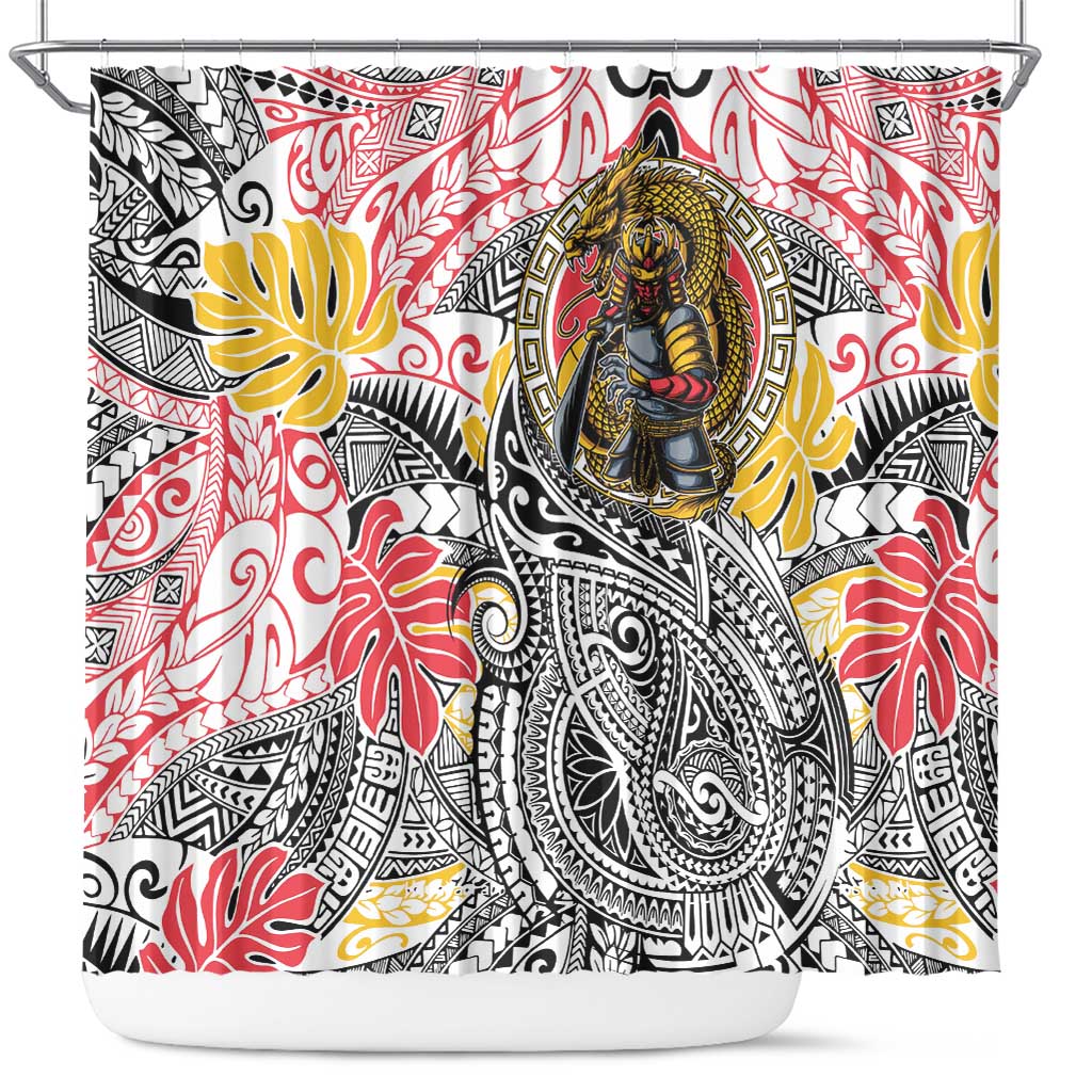 Japanese Samurai Warrior Shower Curtain Colorful Polynesian Tattoo Style