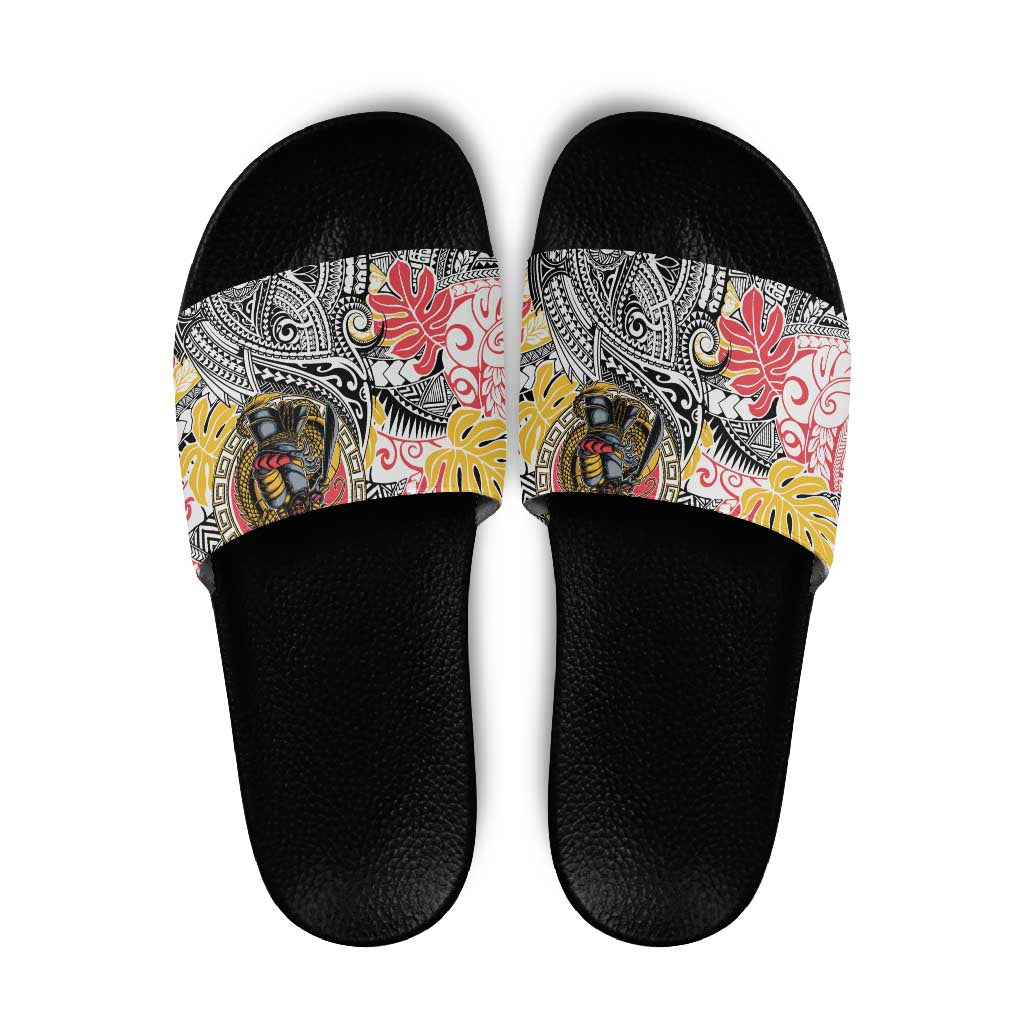 Japanese Samurai Warrior Slide Sandals Colorful Polynesian Tattoo Style - Polynesian Pride