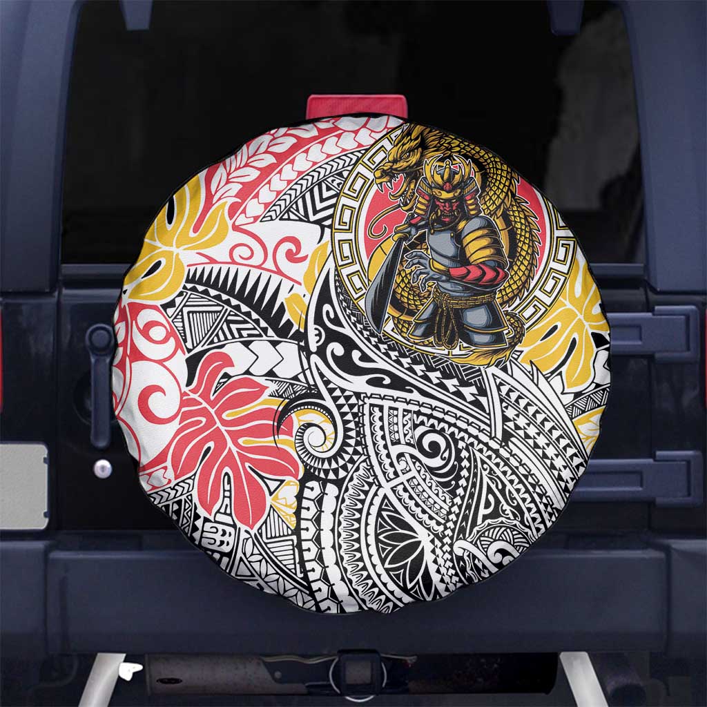 Japanese Samurai Warrior Spare Tire Cover Colorful Polynesian Tattoo Style