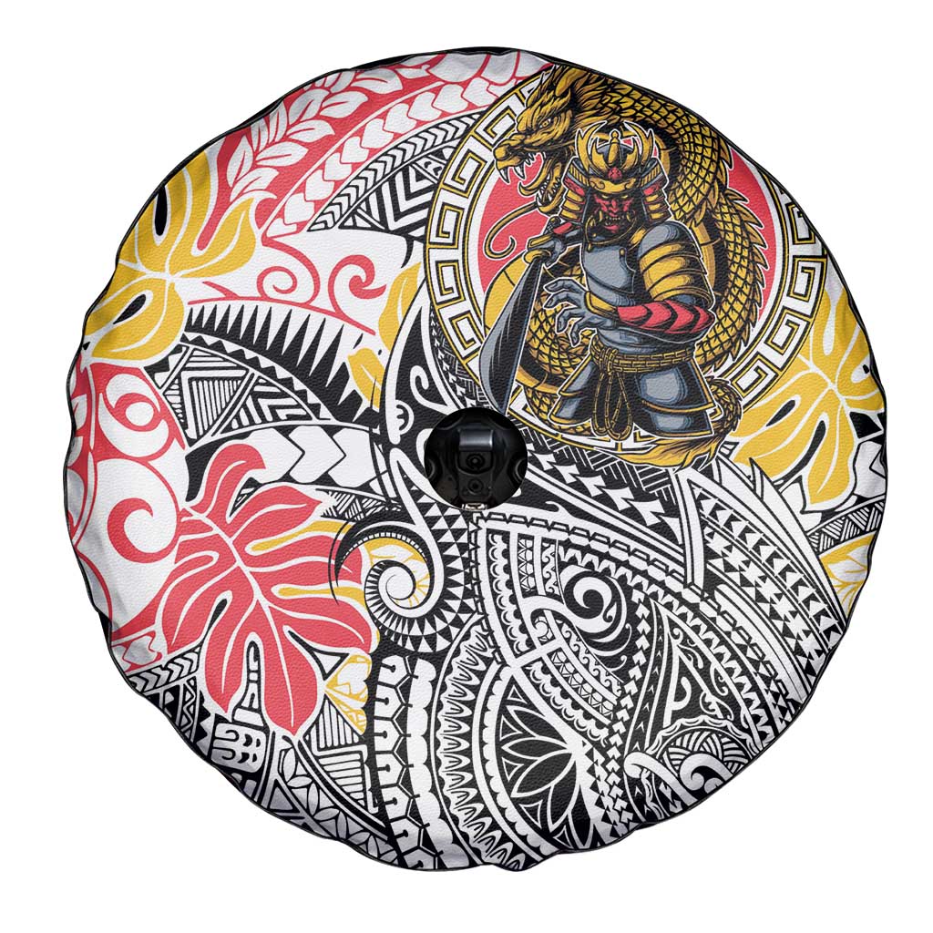 Japanese Samurai Warrior Spare Tire Cover Colorful Polynesian Tattoo Style
