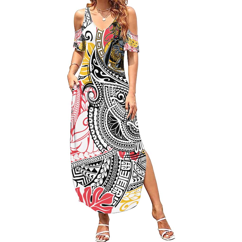 Japanese Samurai Warrior Summer Maxi Dress Colorful Polynesian Tattoo Style