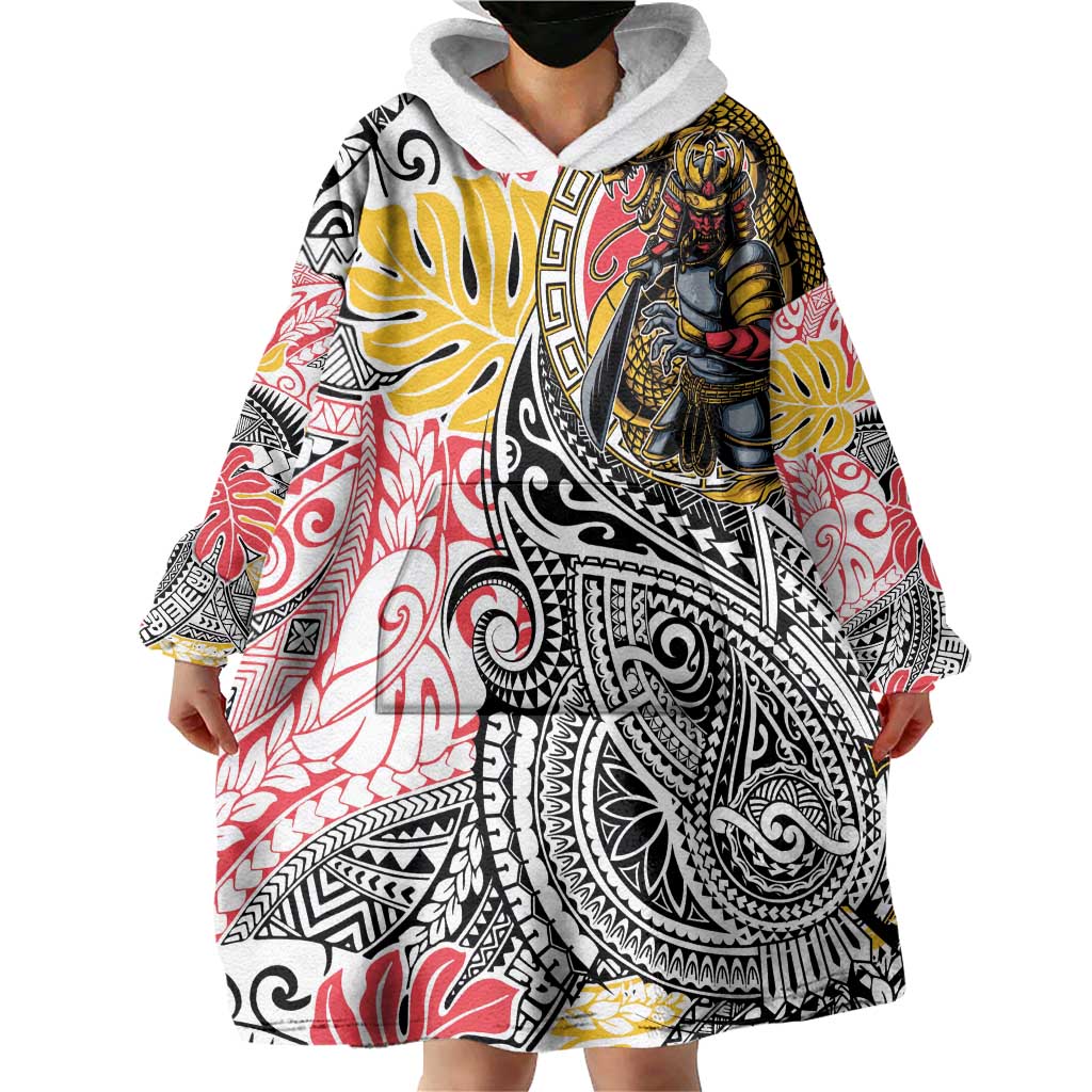 Japanese Samurai Warrior Wearable Blanket Hoodie Colorful Polynesian Tattoo Style LT9 - Polynesian Pride