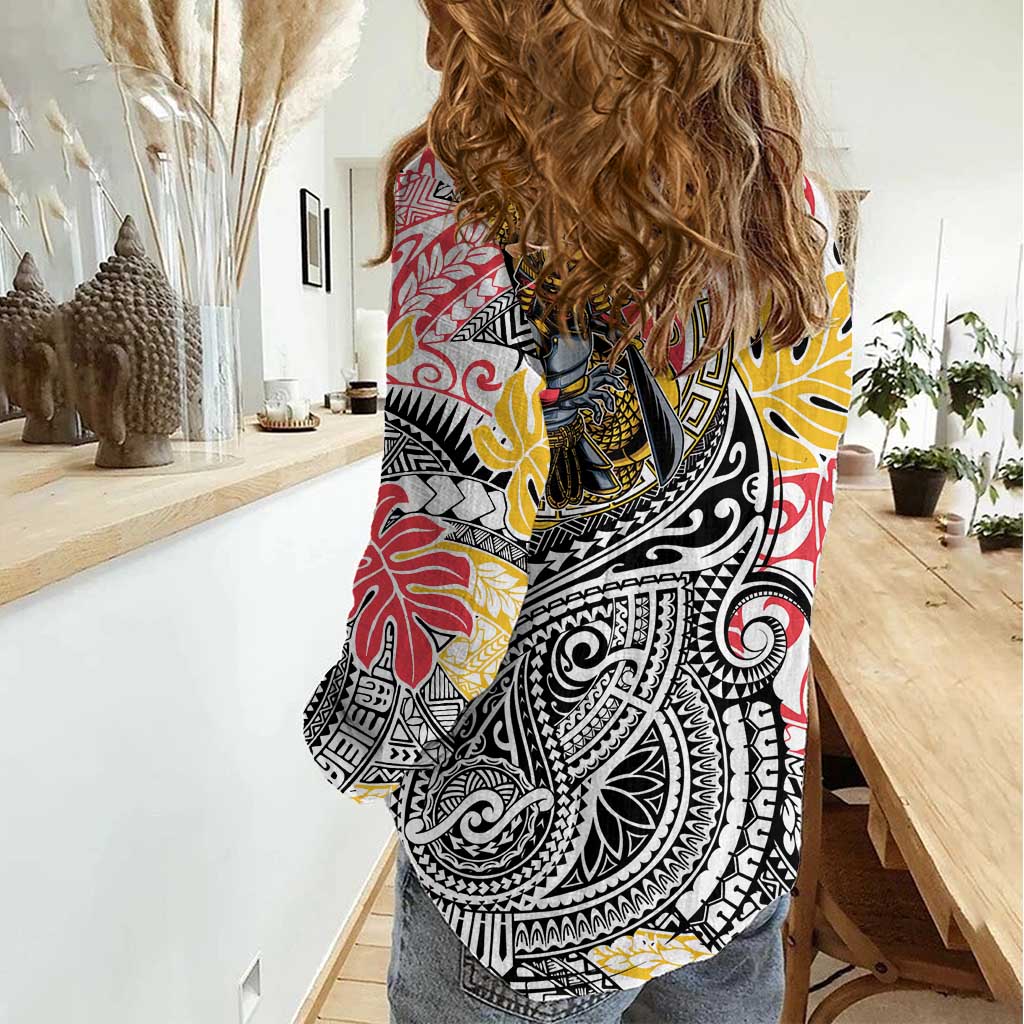 Japanese Samurai Warrior Women Casual Shirt Colorful Polynesian Tattoo Style