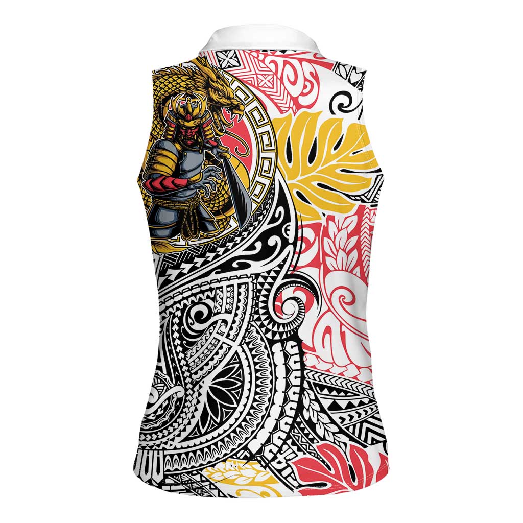 Japanese Samurai Warrior Women Sleeveless Polo Shirt Colorful Polynesian Tattoo Style