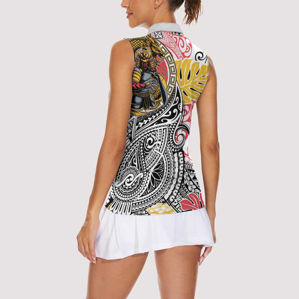 Japanese Samurai Warrior Women Sleeveless Polo Shirt Colorful Polynesian Tattoo Style