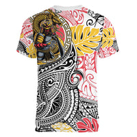 Japanese Samurai Warrior Women V-Neck T-Shirt Colorful Polynesian Tattoo Style