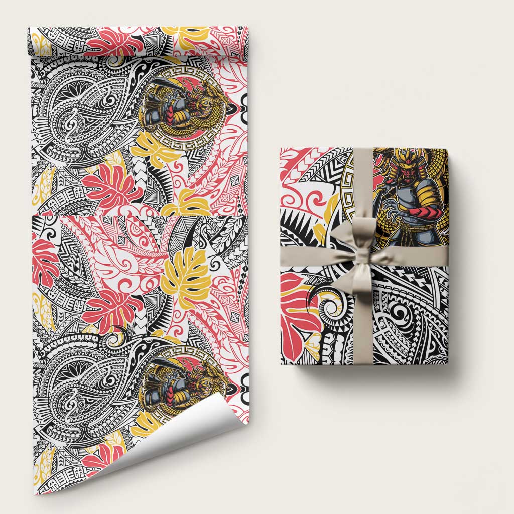 Japanese Samurai Warrior Wrapping Paper Colorful Polynesian Tattoo Style LT9 58" × 23" White - Polynesian Pride