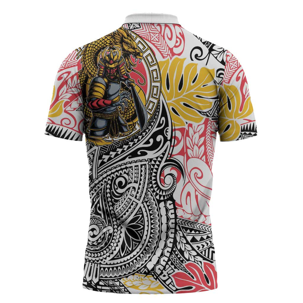 Japanese Samurai Warrior Zipper Polo Shirt Colorful Polynesian Tattoo Style LT9 - Polynesian Pride