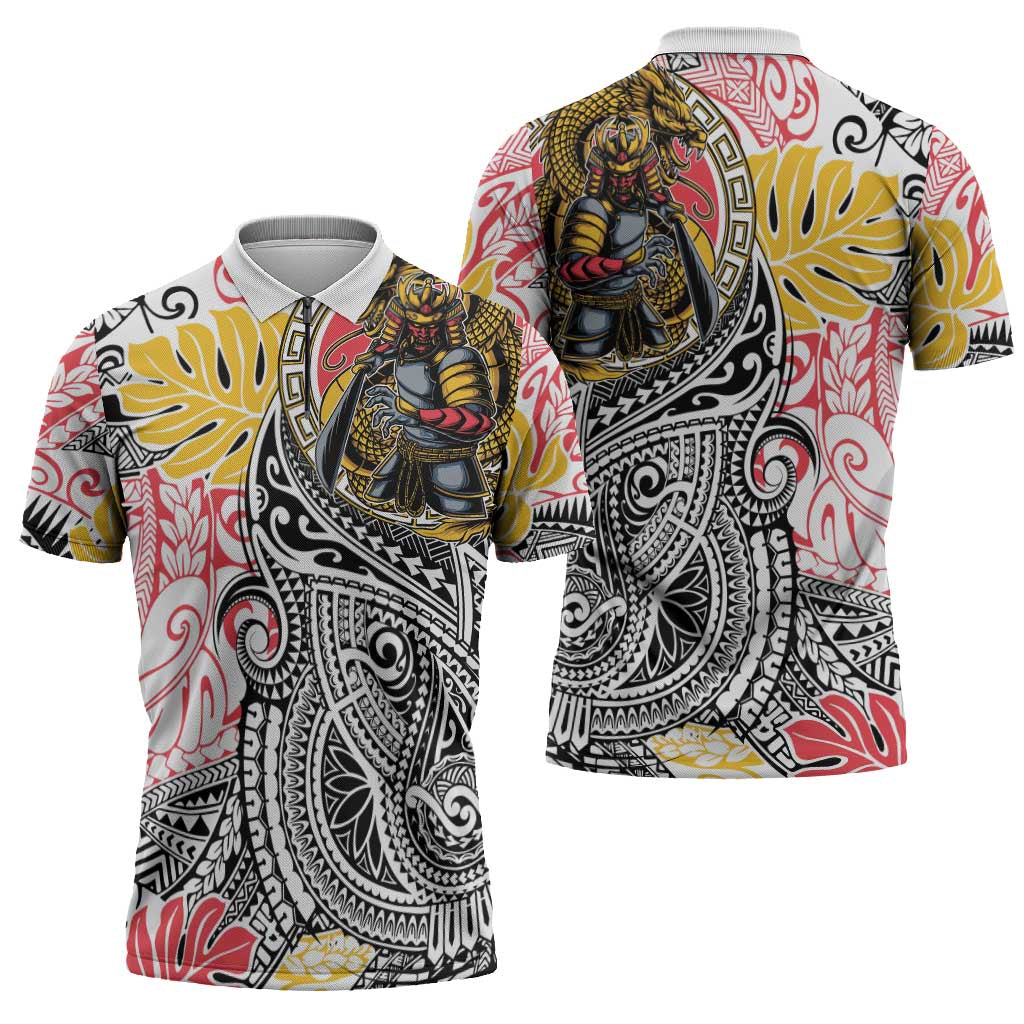 Japanese Samurai Warrior Zipper Polo Shirt Colorful Polynesian Tattoo Style LT9 - Polynesian Pride