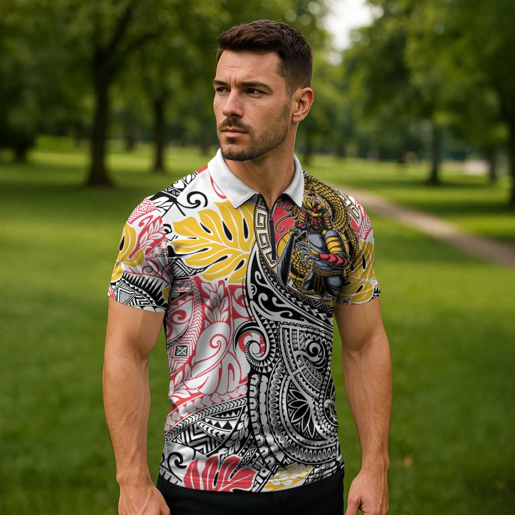 Japanese Samurai Warrior Zipper Polo Shirt Colorful Polynesian Tattoo Style LT9 - Polynesian Pride
