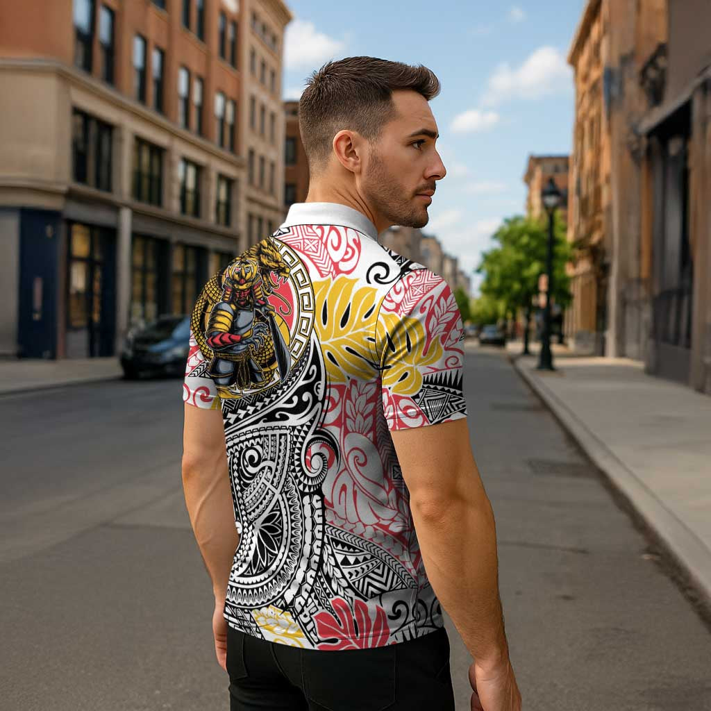 Japanese Samurai Warrior Zipper Polo Shirt Colorful Polynesian Tattoo Style LT9 - Polynesian Pride