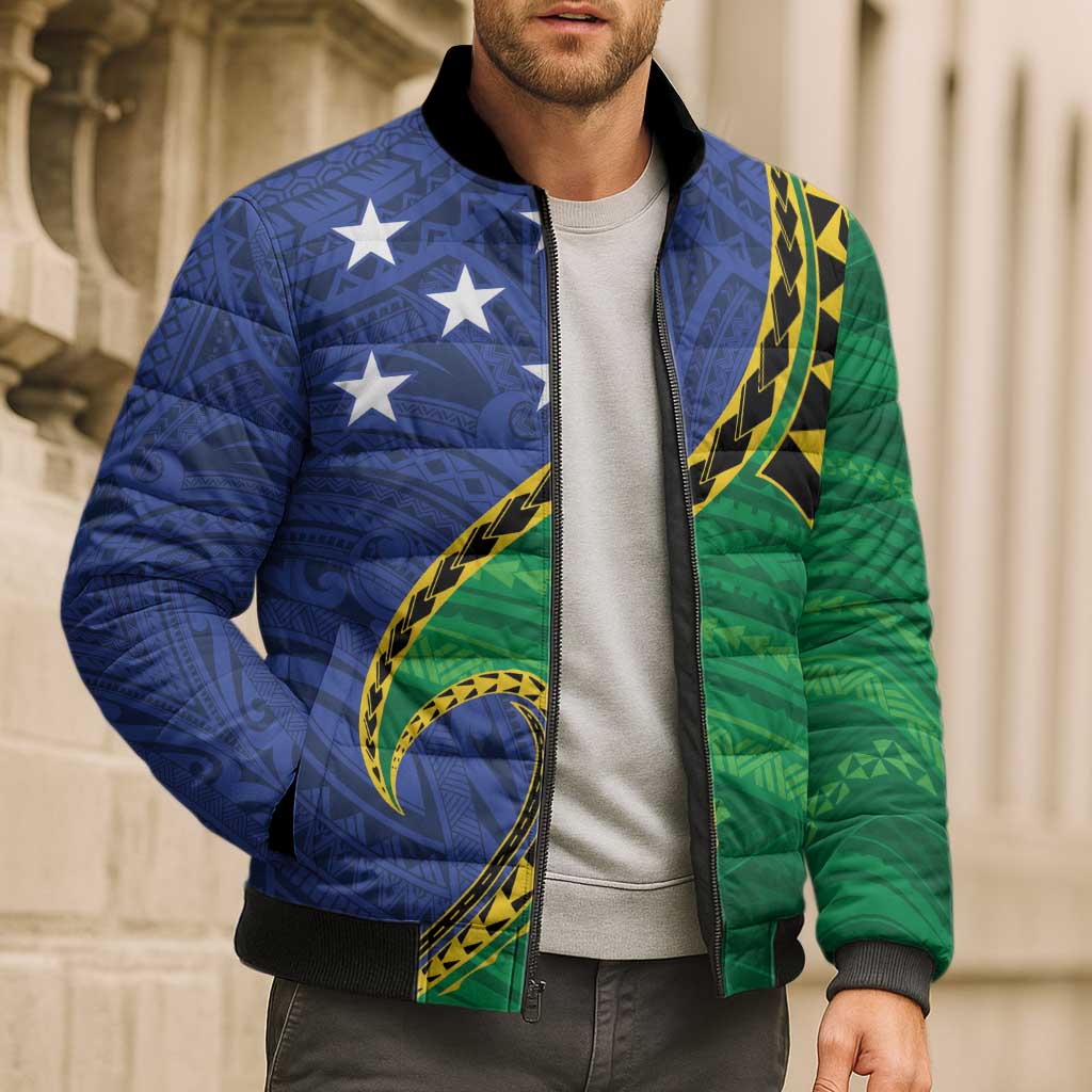 Solomon Islands Independence Day 1978 Personalised Bomber Puffer Jacket Polynesian Pattern with Flag Style - Polynesian Pride