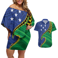 Solomon Islands Independence Day 1978 Personalised Couples Matching Off Shoulder Short Dress and Hawaiian Shirt Polynesian Pattern with Flag Style