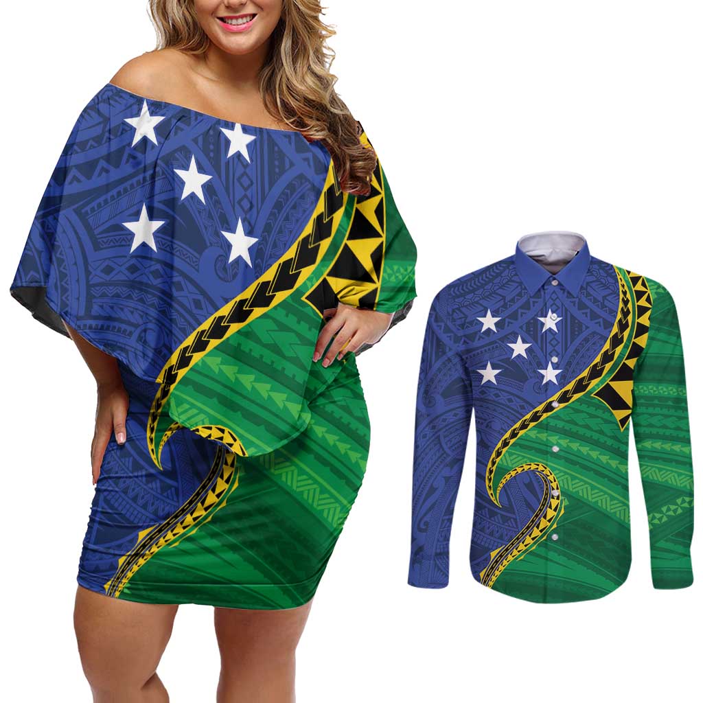 Solomon Islands Independence Day 1978 Personalised Couples Matching Off Shoulder Short Dress and Long Sleeve Button Shirt Polynesian Pattern with Flag Style