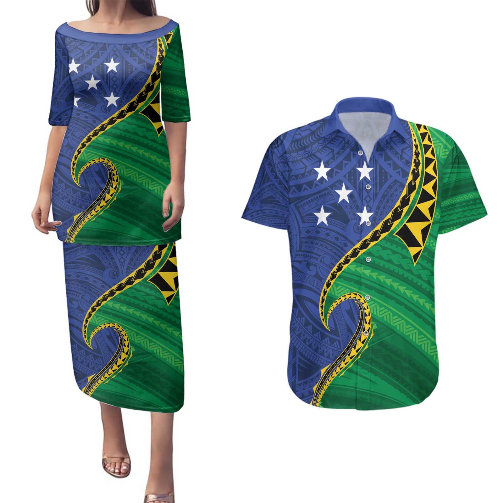 Solomon Islands Independence Day 1978 Personalised Couples Matching Puletasi and Hawaiian Shirt Polynesian Pattern with Flag Style