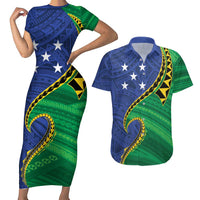 Solomon Islands Independence Day 1978 Personalised Couples Matching Short Sleeve Bodycon Dress and Hawaiian Shirt Polynesian Pattern with Flag Style