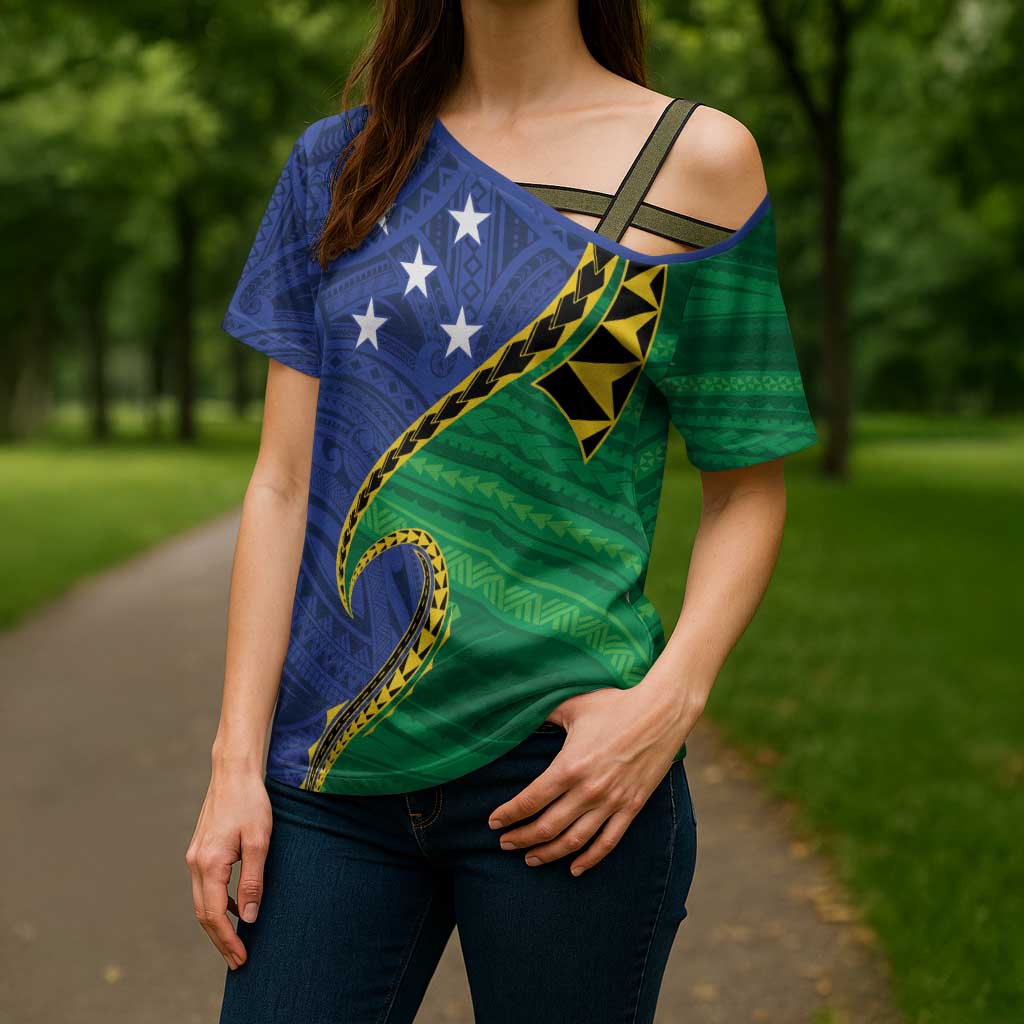 Solomon Islands Independence Day 1978 Personalised Cross Shoulder Shirt Polynesian Pattern with Flag Style - Polynesian Pride