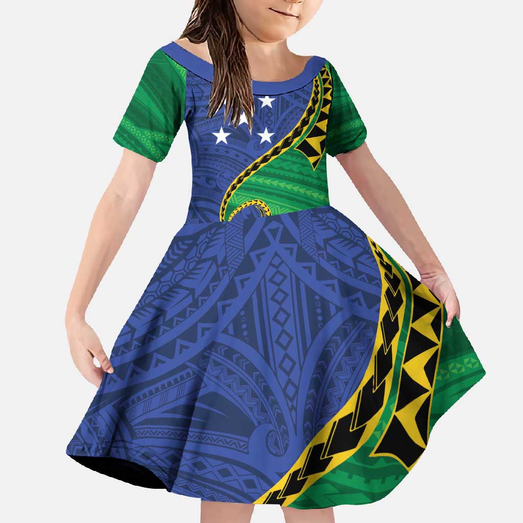 Solomon Islands Independence Day 1978 Personalised Family Matching Off Shoulder Maxi Dress and Hawaiian Shirt Polynesian Pattern with Flag Style