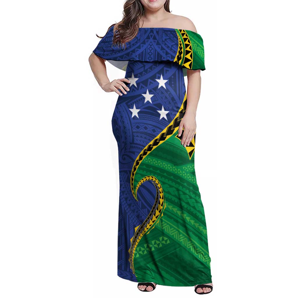 Solomon Islands Independence Day 1978 Personalised Family Matching Off Shoulder Maxi Dress and Hawaiian Shirt Polynesian Pattern with Flag Style