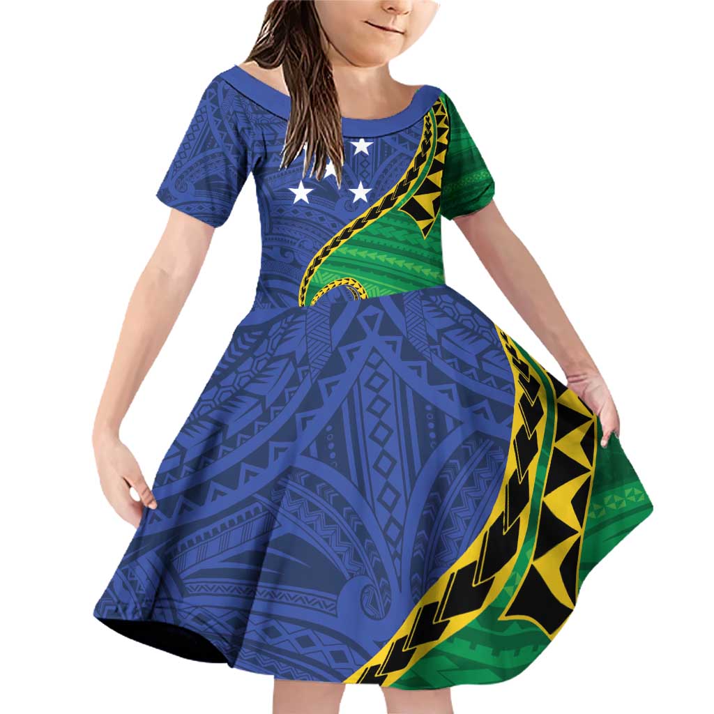 Solomon Islands Independence Day 1978 Personalised Family Matching Off Shoulder Short Dress and Hawaiian Shirt Polynesian Pattern with Flag Style