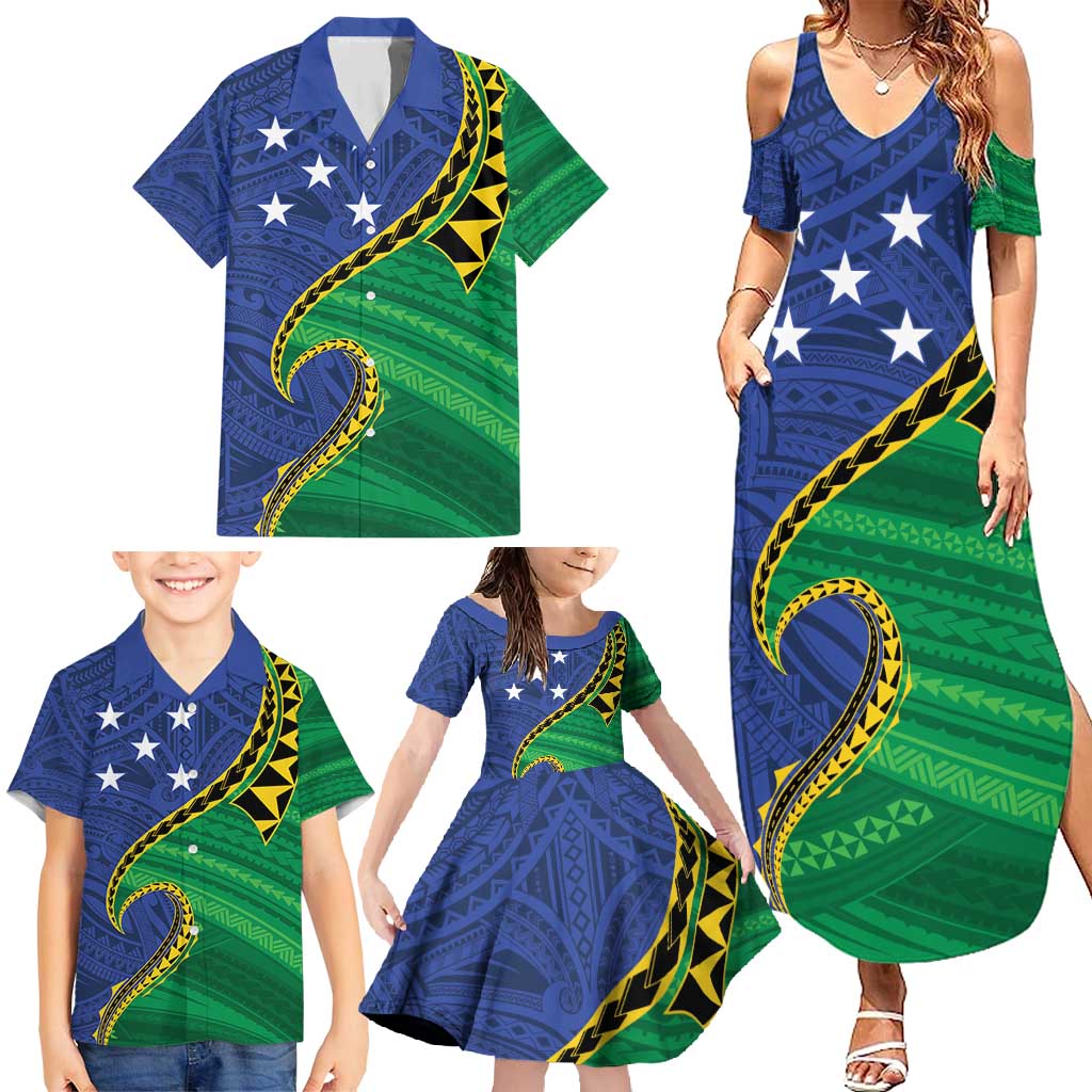 Solomon Islands Independence Day 1978 Personalised Family Matching Summer Maxi Dress and Hawaiian Shirt Polynesian Pattern with Flag Style
