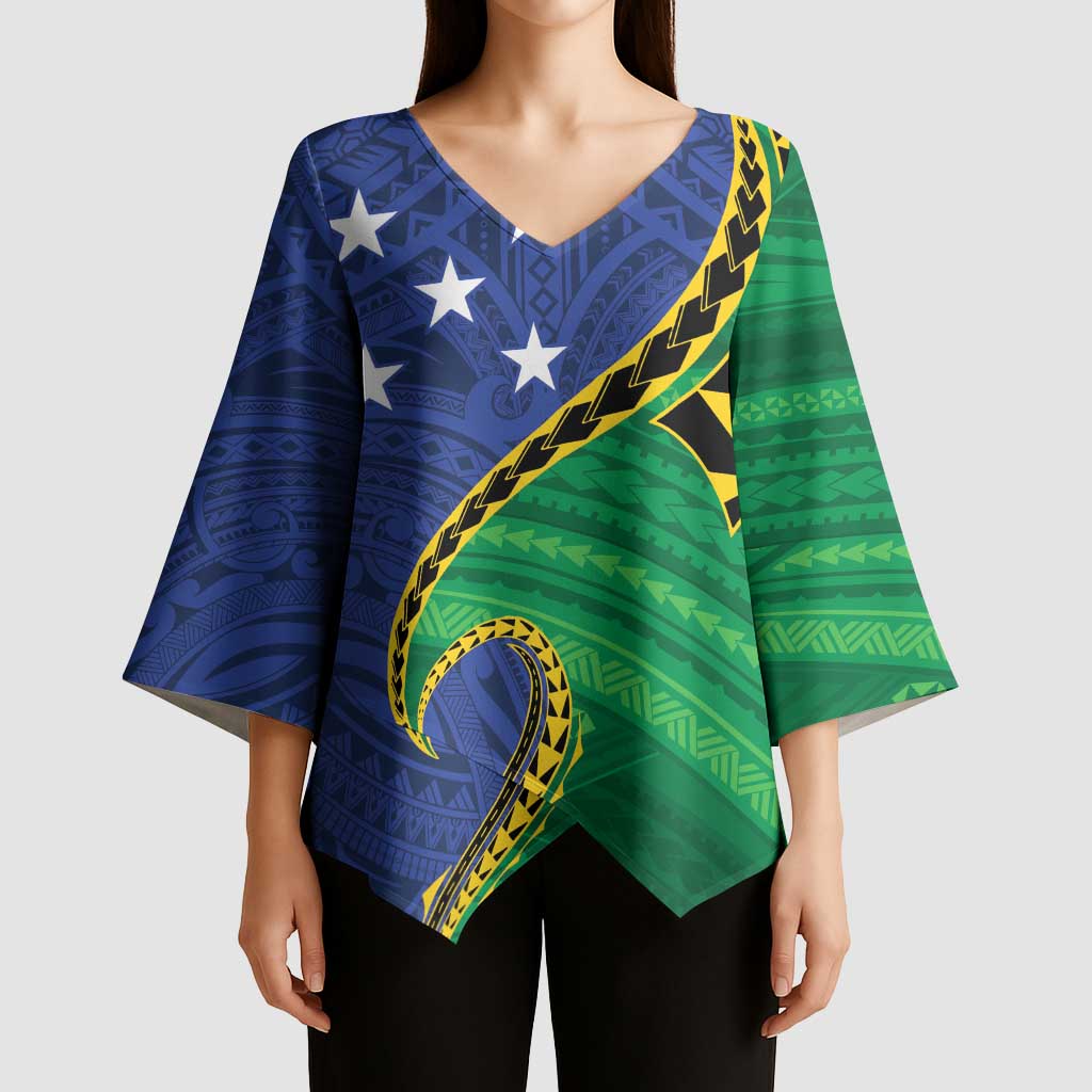 Solomon Islands Independence Day 1978 Personalised Kimono Sleeve Blouse Polynesian Pattern with Flag Style - Polynesian Pride