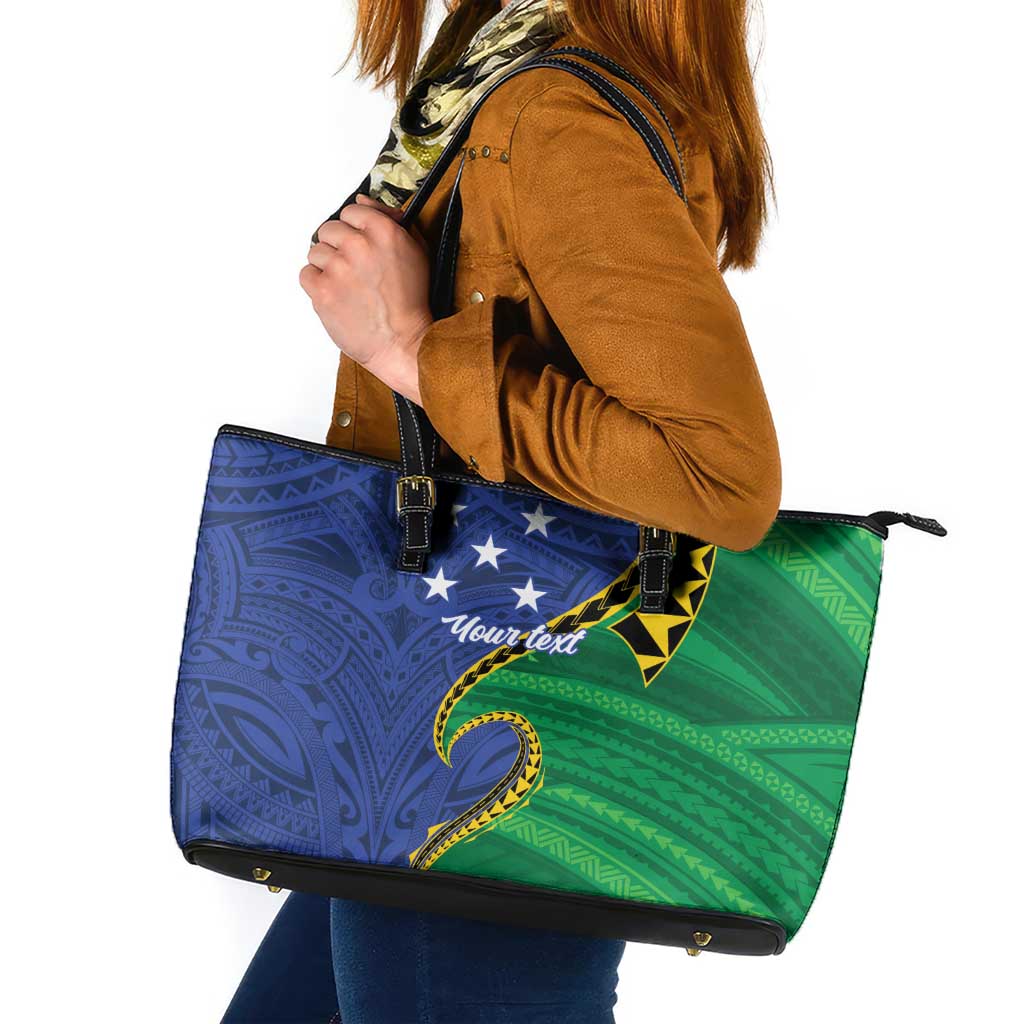 Solomon Islands Independence Day 1978 Personalised Leather Tote Bag Polynesian Pattern with Flag Style