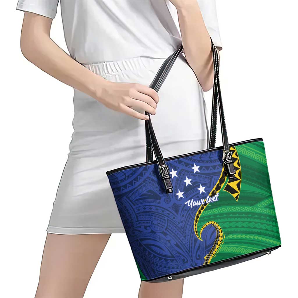 Solomon Islands Independence Day 1978 Personalised Leather Tote Bag Polynesian Pattern with Flag Style
